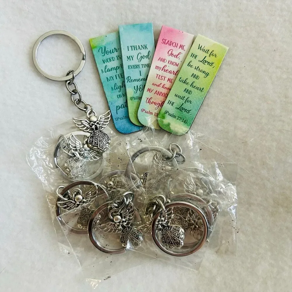 Lot Gift Bag Angel Silver Key Chains and Bible Verse Magnetic Bookmarks